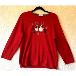 DESIGNERS ORIGNL‎ RED L/S Casual Top T-Shirt CHRISTMAS SNOWMAN APPLIQUE M